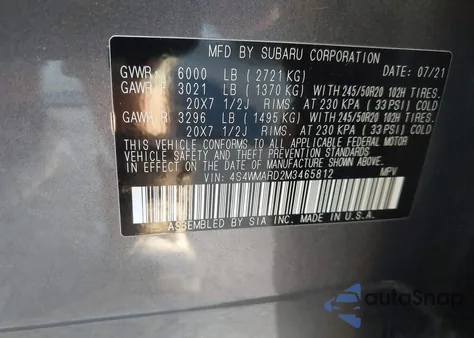 2021 Subaru Ascent Touring из США, поврежденный, VIN 4S4WMARD2M3465812